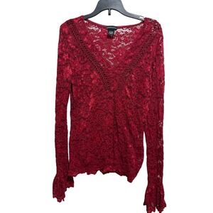 Moda International Lace Top Women M Red Bell Sleeve Blouse Y2K Whimsigoth V Neck